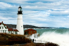 Huge Waves Crash by Portland Lighthouse in Late Winter